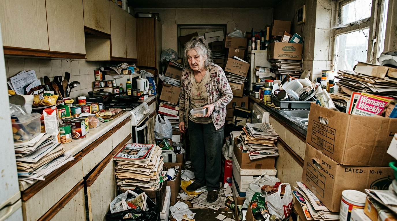 elderly hoarder in her kitchen