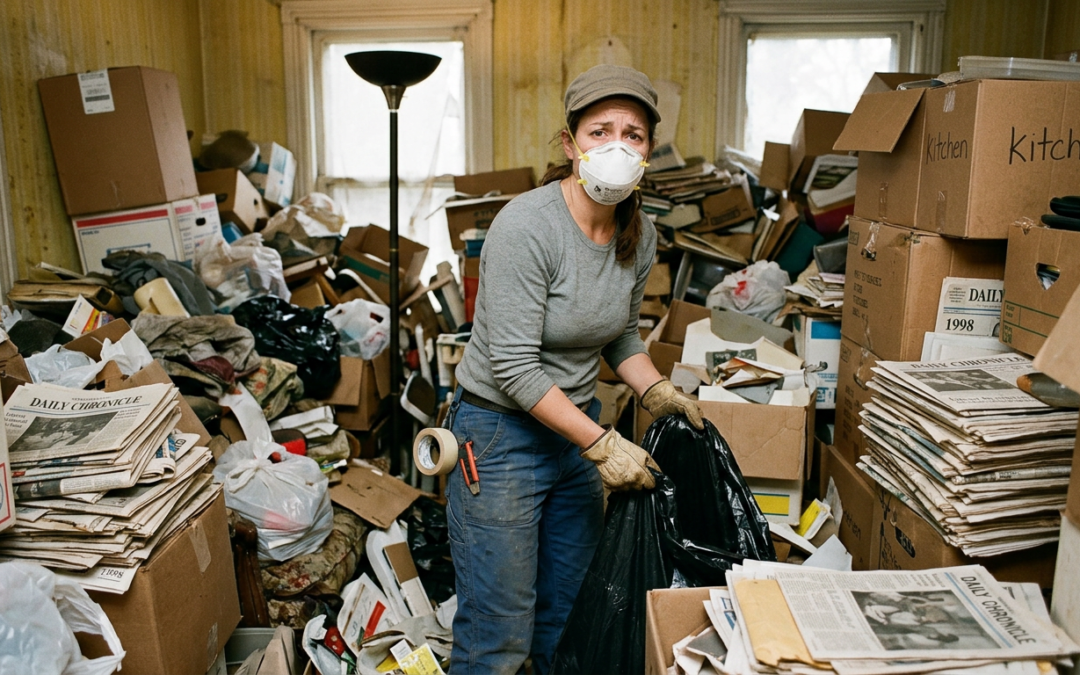 woman cleaning a hoarding house